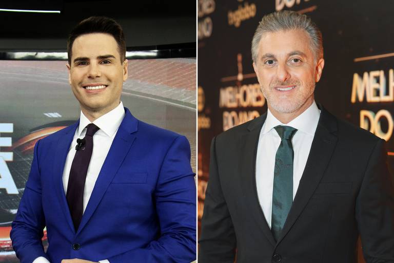 paiefilhopremiacoes.com - À esquerda, homem jovem com terno azul e gravata roxa em estúdio de televisão. À direita, homem de meia-idade com terno preto e gravata verde em evento com fundo escuro e texto dourado.